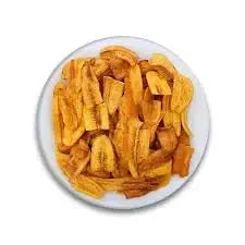 Paithrka long banana chips served in a rustic wooden bowl, featuring crispy golden to deep brown fried banana slices on a natural wooden table.