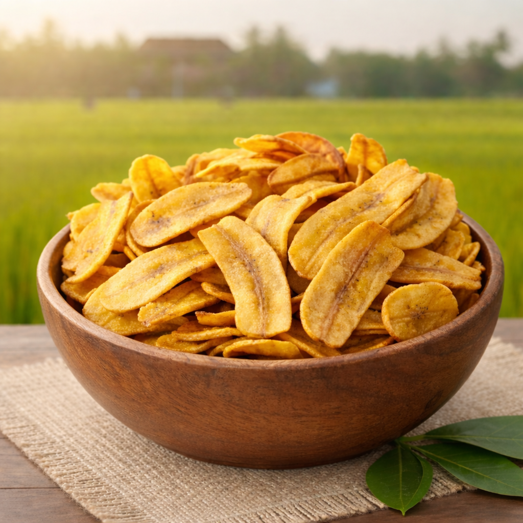 Paithrka long banana chips served in a rustic wooden bowl, featuring crispy golden to deep brown fried banana slices on a natural wooden table.
