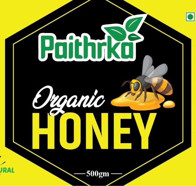 Paithrka Organic Honey 500gm in a clear plastic bottle with yellow and black label and a bee illustration