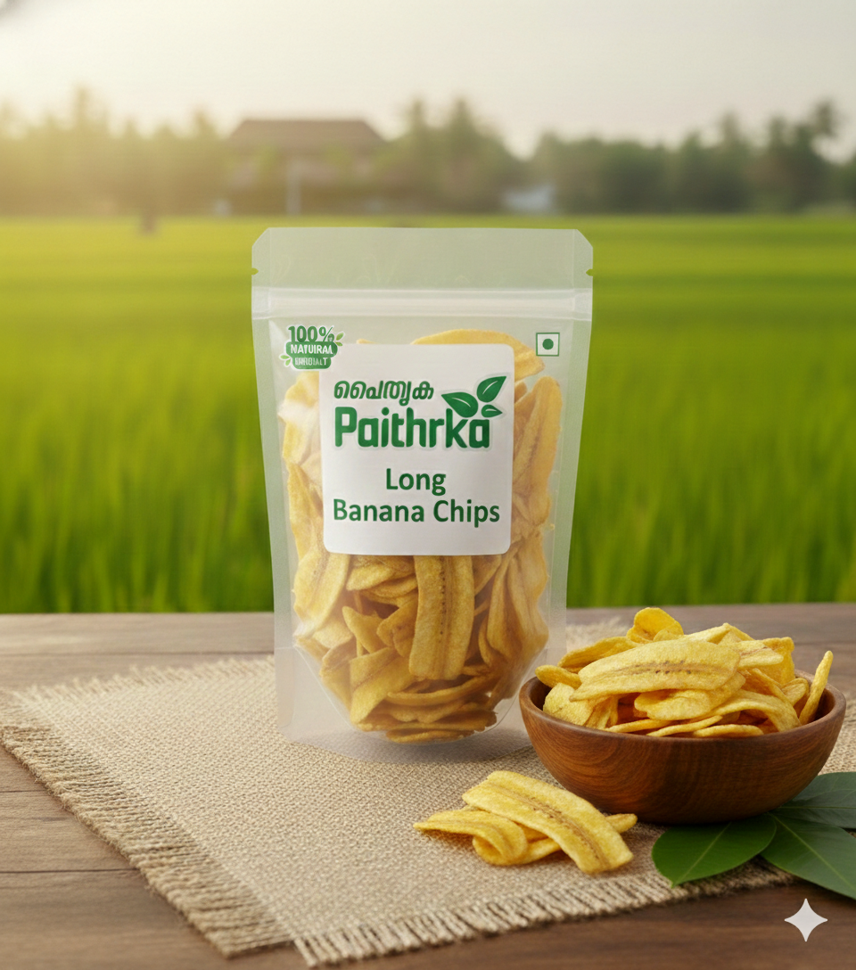 Paithrka long banana chips served in a rustic wooden bowl, featuring crispy golden to deep brown fried banana slices on a natural wooden table.
