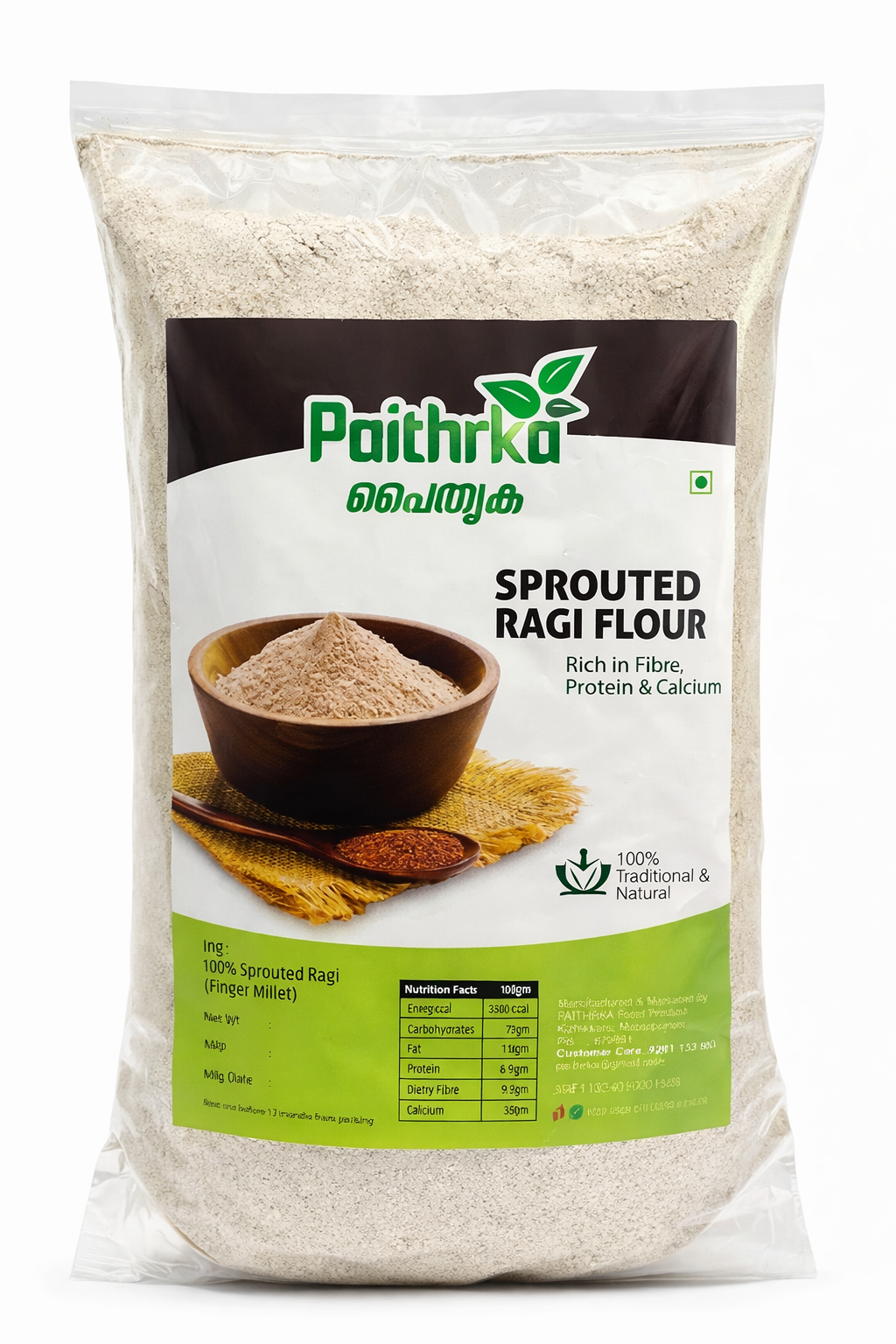 Paithrka sprouted ragi flour packed in a sealed pouch, made from 100% natural finger millet, rich in fibre, protein, and calcium.
