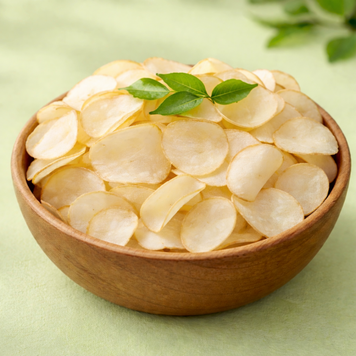 Professional overhead shot of Paithrka Tapioca Chips, featuring a black bowl filled with crispy, ridged golden-brown cassava chips and a branded product pouch on a white marble background